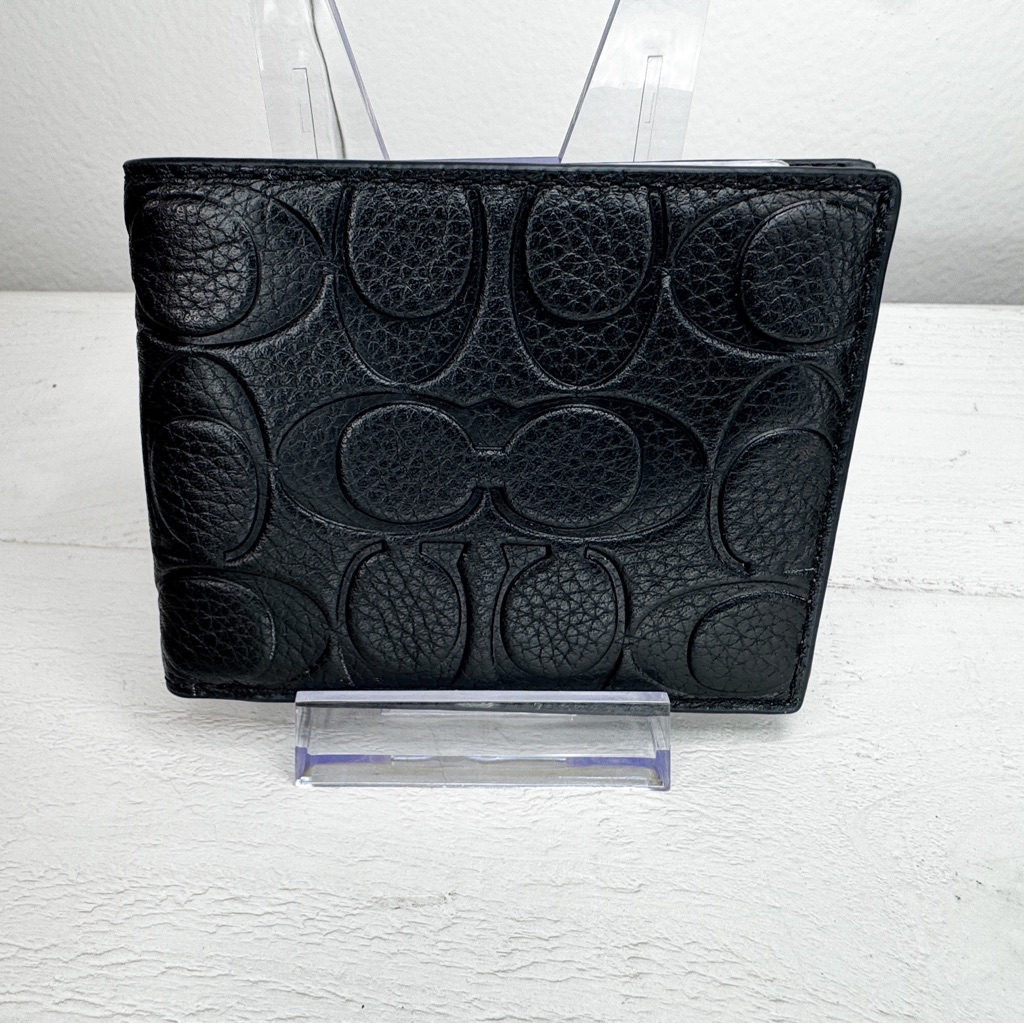 Coach Slim Billfold Wallet Black Pebbled Leather Signature C Debossed Nwt C1234